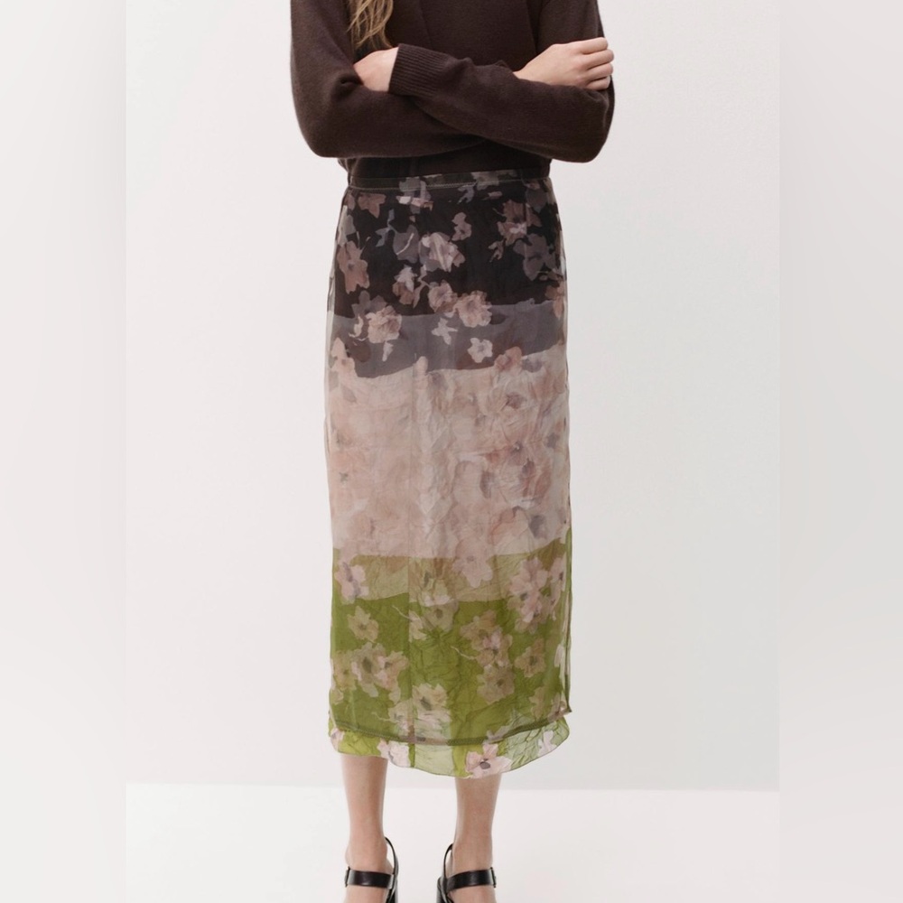 Zara Floral Midi Skirt With Organza Overlay
